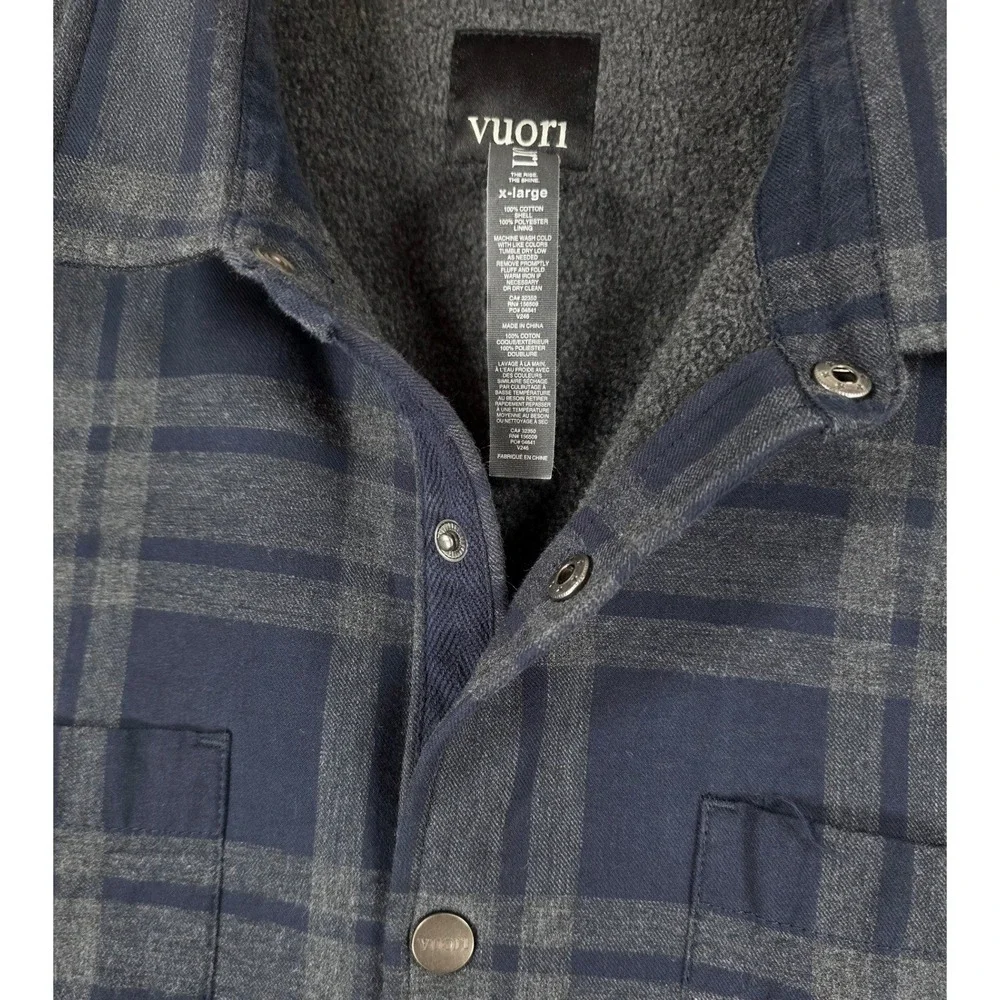 Vuori Coastside Mens XL Plaid Fleece Lined Snap Flannel Shirt Jacket Blue Gray